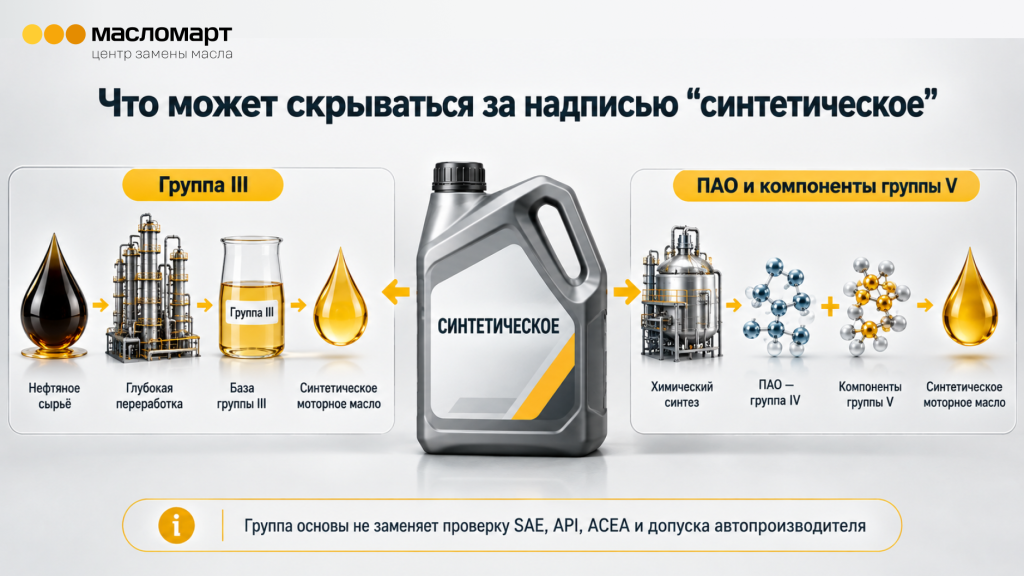 Различие синтетических масел на основе групп III, IV и V.