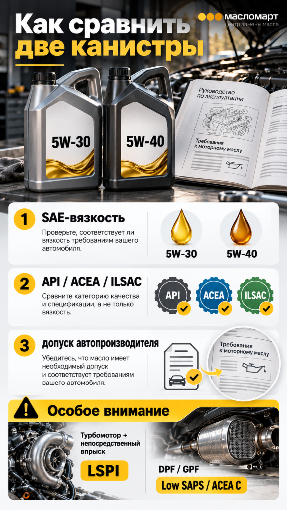 Сравнение вязкости, класса качества и допуска моторных масел